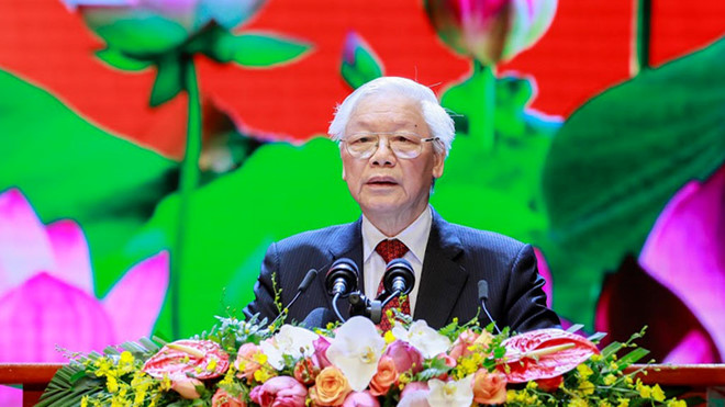 Description: Tổng bí thư, Chủ tịch nước Nguyễn Phú Trọng phát biểu tại lễ kỷ niệm /// Ảnh Gia Hân