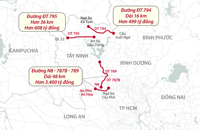 Sơ đồ ba tuyến đường sắp triển khai của Tây Ninh. Đồ họa: Thanh Nhàn