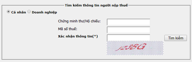 Ảnh chụp màn hình ô tìm kiếm mã số thuế