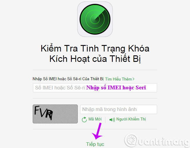 Giao diện trang kiểm tra tình trạng khoá kích hoạt iPhone