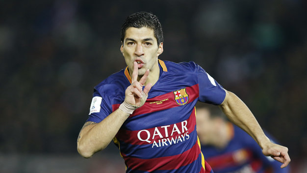 Niềm vui của Suarez sau khi nâng tỉ số lên 3-0 cho Barcelona. Ảnh: Reuters