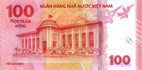 Mặt sau tờ tiền lưu niệm 100 đồng.