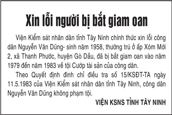 Viện KSND tỉnh Tây Ninh chính thức xin lỗi công dân Nguyễn Văn Dũng