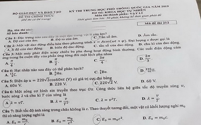 Đề thi và gợi ý môn Vật lý kỳ thi THPT Quốc gia 2019