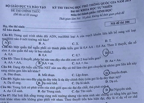 Đề thi và gợi ý môn Sinh kỳ thi THPT quốc gia 2019