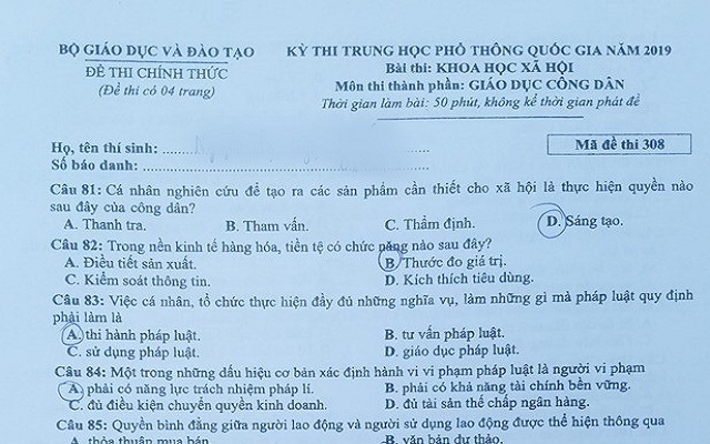 Bài giải đề thi Giáo dục Công dân THPT quốc gia