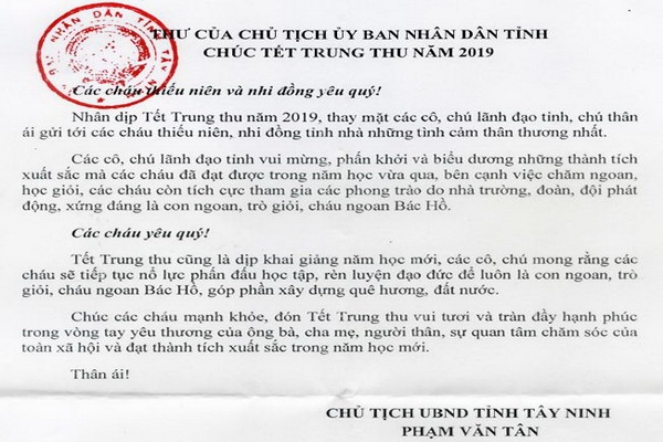 Thư chúc Tết Trung thu 2019 của Chủ tịch UBND tỉnh