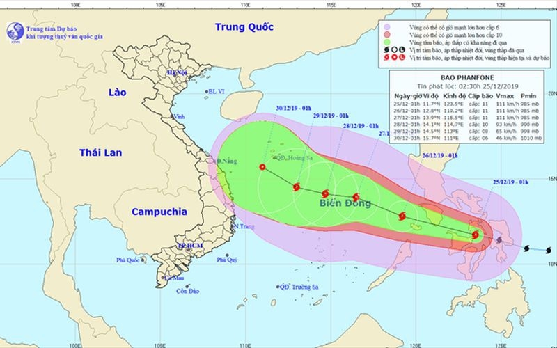 Bão Phanfone gây gió mạnh giật cấp 11 đang tiến vào Biển Đông