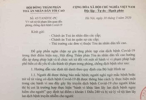 Hướng dẫn xét xử tội phạm liên quan đến dịch Covid-19