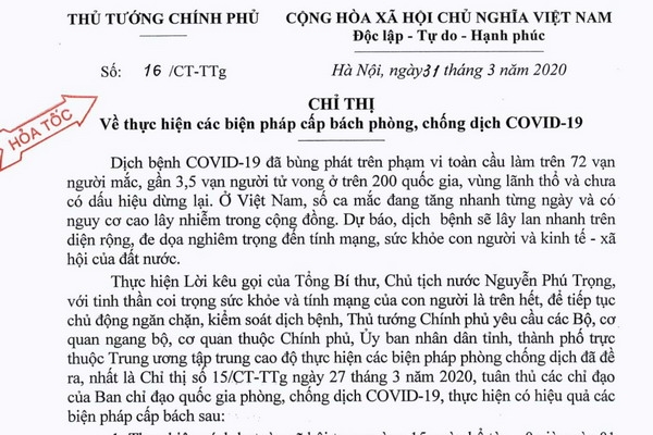 Thủ tướng chỉ thị: Cách ly toàn xã hội từ 0 giờ ngày 1/4 trên phạm vi toàn quốc