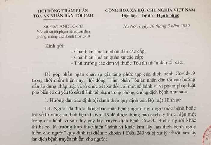 Hướng dẫn xét xử tội phạm liên quan đến dịch Covid-19