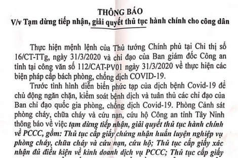 Phòng Cảnh sát PCCC&CNCH tạm dừng tiếp nhận, giải quyết TTHC về phòng cháy chữa cháy