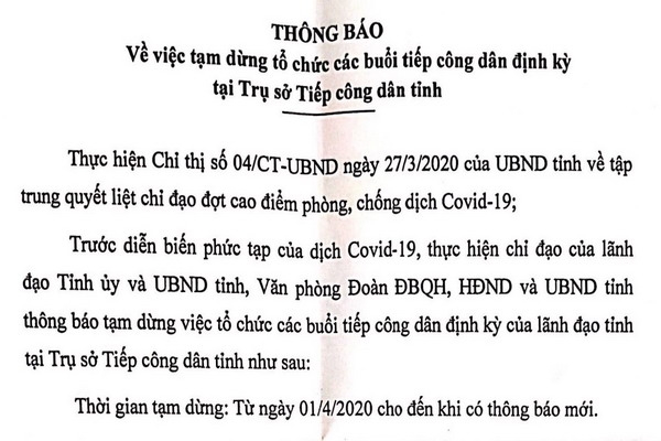 Tạm dừng tiếp công dân định kỳ tại Trụ sở Tiếp công dân tỉnh