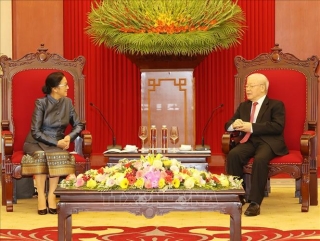 Tổng Bí thư Nguyễn Phú Trọng tiếp Ủy viên Bộ Chính trị, Phó Chủ tịch nước Lào