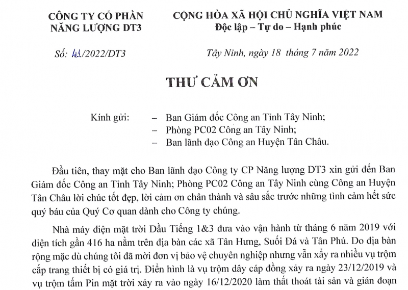 Gửi thư Cảm ơn Công an Tây Ninh