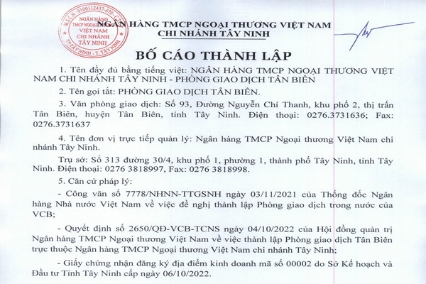 Ngân hàng TMCP Ngoại thương Việt Nam Chi nhánh Tây Ninh: Bố cáo thành lập Phòng Giao dịch Tân Biên