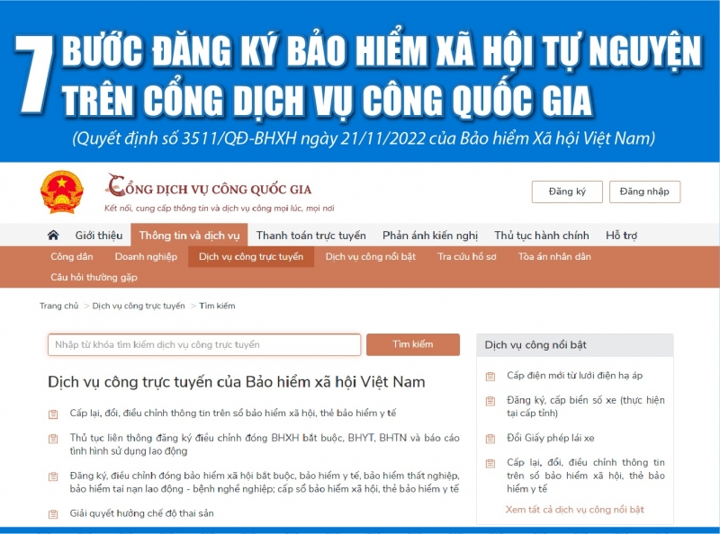 7 bước đăng ký bảo hiểm xã hội tự nguyện trên Cổng Dịch vụ công quốc gia