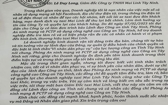 Công ty TNHH Mai Linh Tây Ninh gửi thư cảm ơn lực lượng Công an Tây Ninh