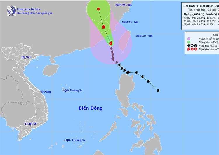 Thời tiết ngày 28/7: Bão số 2 di chuyển theo hướng Bắc Tây Bắc và suy yếu dần