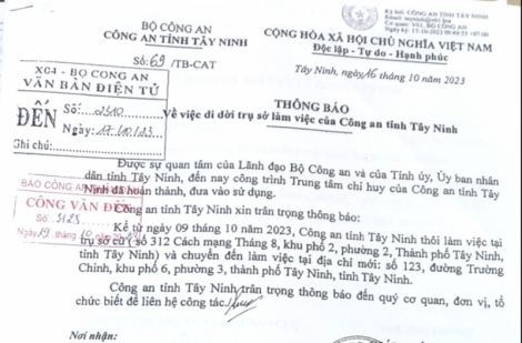 Thay đổi trụ sở làm việc Công an tỉnh Tây Ninh