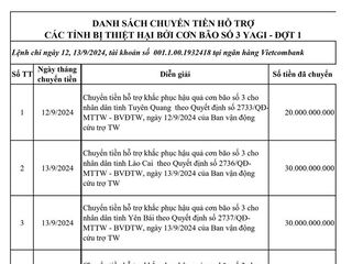 Danh sách 20 tỉnh bị thiệt hại do bão số 3 được Mặt trận Tổ Quốc Việt Nam chuyển 385 tỉ đồng hỗ trợ đợt 1