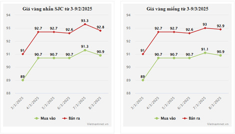 Giá vàng hôm nay 9/3/2025: Nhẫn treo cao trên 93 triệu đồng, thế giới giảm sâu