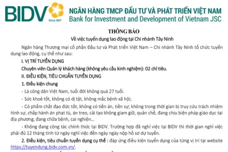 Thông báo về việc tuyển dụng lao động tại Chi nhánh Tây Ninh