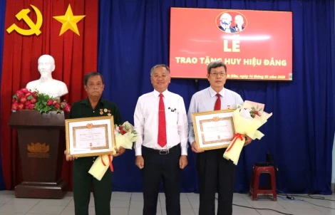 Bí thư Huyện uỷ Gò Dầu trao tặng Huy hiệu Đảng cho các đảng viên