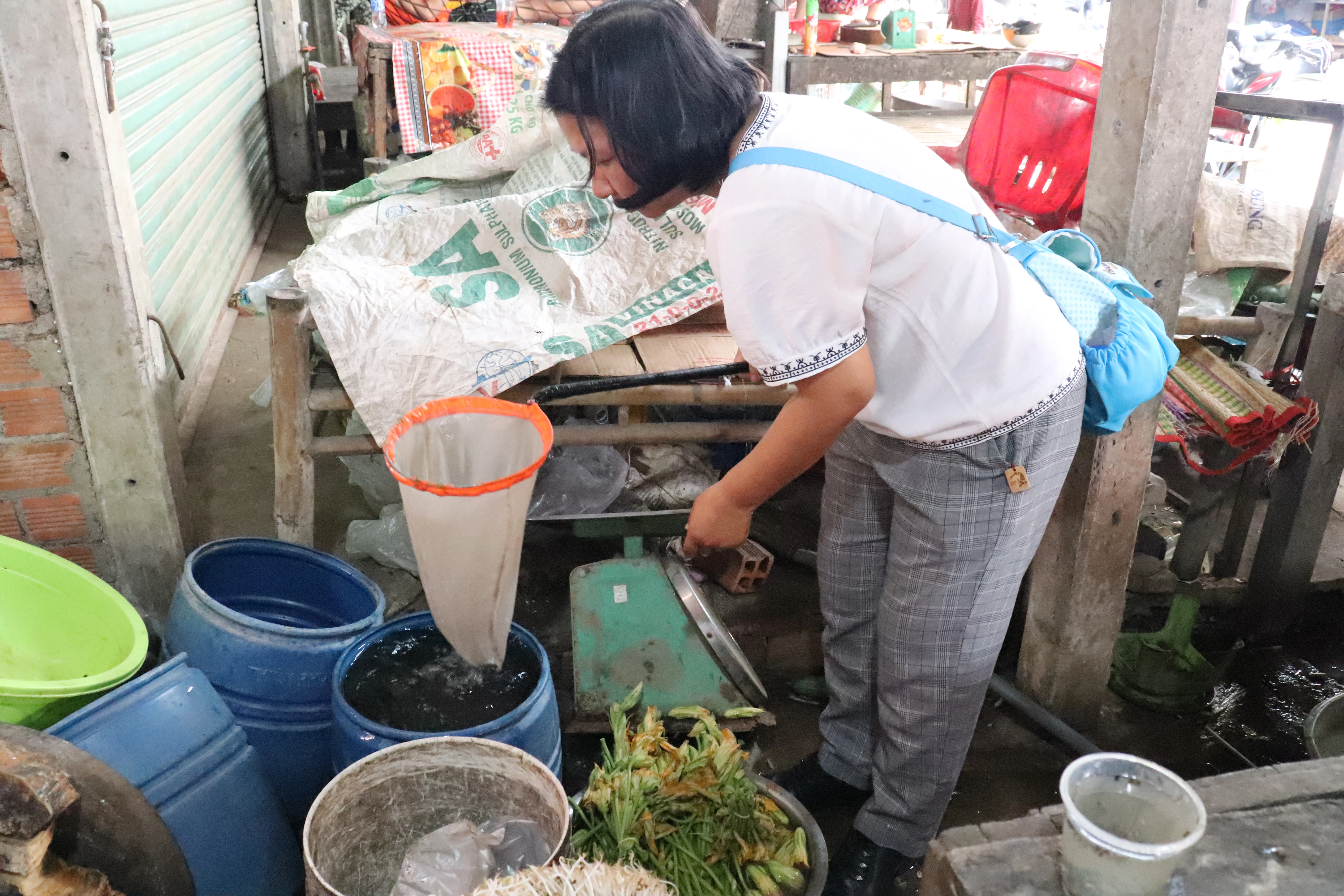 Thành viên đoàn công tác Viện Pasteur TP.Hồ Chí Minh kiểm tra tại chợ Lộc Hưng.
