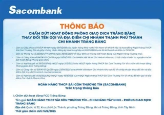 Sacombank Thông báo chấm dứt hoạt động phòng giao dịch Trảng Bàng