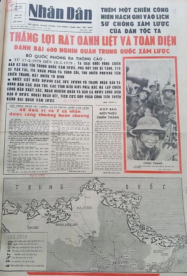 Trang nhất Báo Nhân dân số ra ngày 20.3.1979 đưa tin về cuộc chiến đấu bảo vệ biên giới phía Bắc của Tổ quốc.