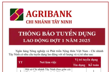Agribank chi nhánh Tây Ninh:
Thông báo tuyển dụng lao động đợt 1 năm 2025