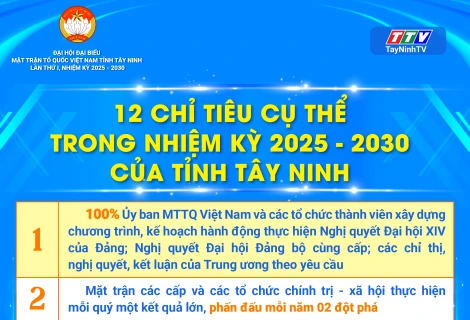 Đại hội đại biểu MTTQ Việt Nam tỉnh Tây Ninh lần thứ I, nhiệm kỳ 2025 - 2030 đã thành công tốt đẹp. Đại hội thống nhất 12 chỉ tiêu cụ thể trong nhiệm kỳ 2025 - 2030 của UBMTTQ Việt Nam tỉnh Tây Ninh.