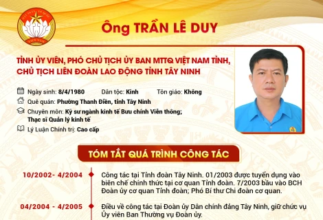 Tóm tắt quá trình công tác của Tỉnh ủy viên, Phó Chủ tịch UBMTTQ Việt Nam tỉnh, Chủ tịch Liên đoàn Lao động tỉnh Tây Ninh Trần Lê Duy